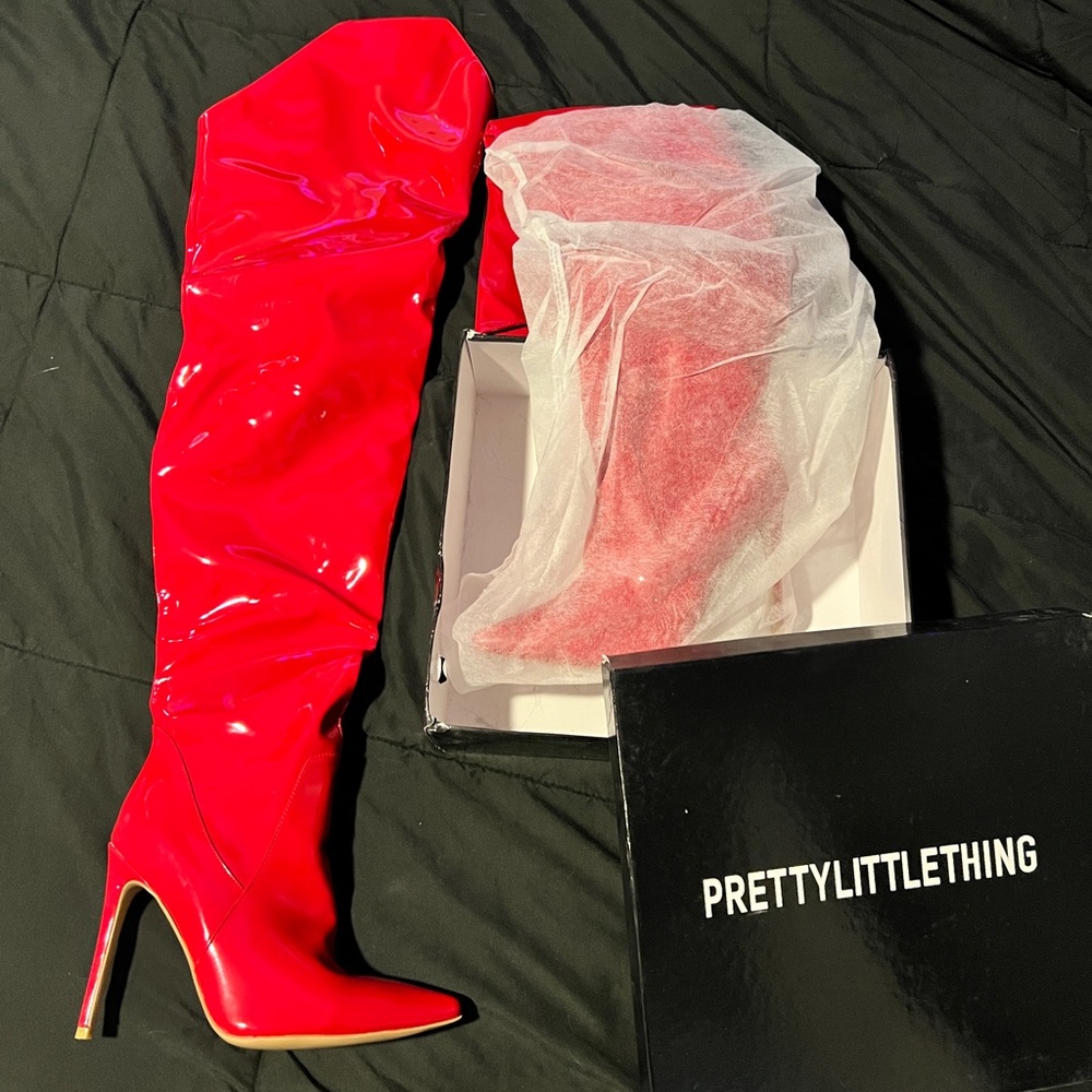 patent thigh high boots